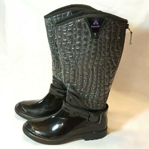 Kamik Waterproof Rain Boots Sz 7 Black Gray Insulated Shaft Zip Up Back - Picture 2 of 8